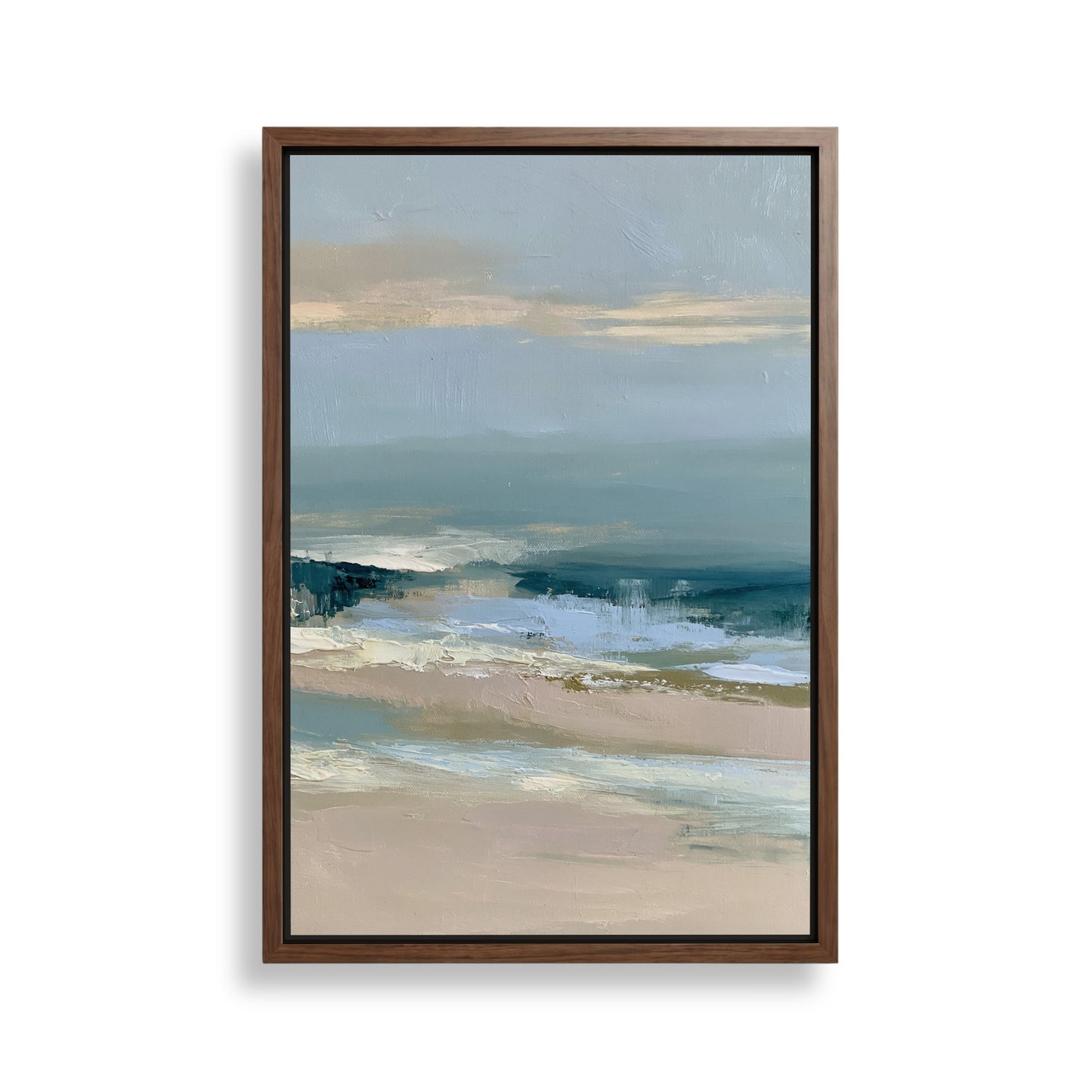 The image is a framed painting depicting a serene landscape with a body of water and a cloudy sky.