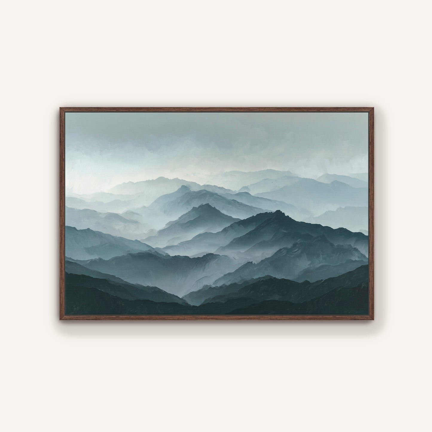 a breathtaking view of a mountainous landscape, with a hazy, misty atmosphere that creates a sense of depth and distance. The mountains appear to be covered in a light gray color, with darker shades of gray and brown adding texture and contrast to the scene. The image is framed and hung on a wall, showcasing the beauty and serenity of the natural environment.