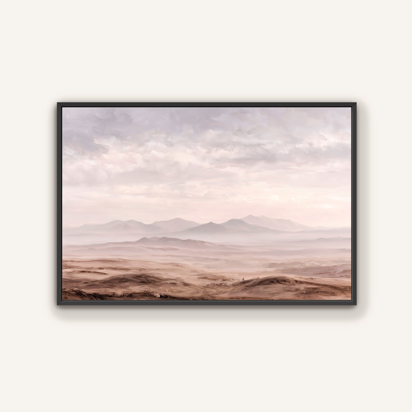 a vast, barren landscape with rolling hills and mountains in the distance, under a cloudy sky.