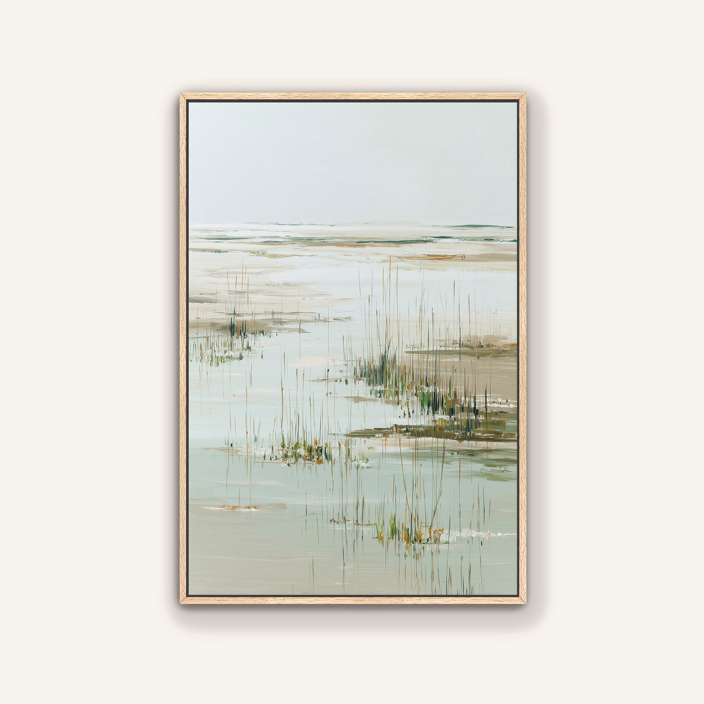 The image is a painting depicting a serene landscape with a body of water, possibly a lake or a pond, surrounded by tall grasses or reeds. The painting has a calming and peaceful atmosphere, with the colors predominantly being shades of green and gray.