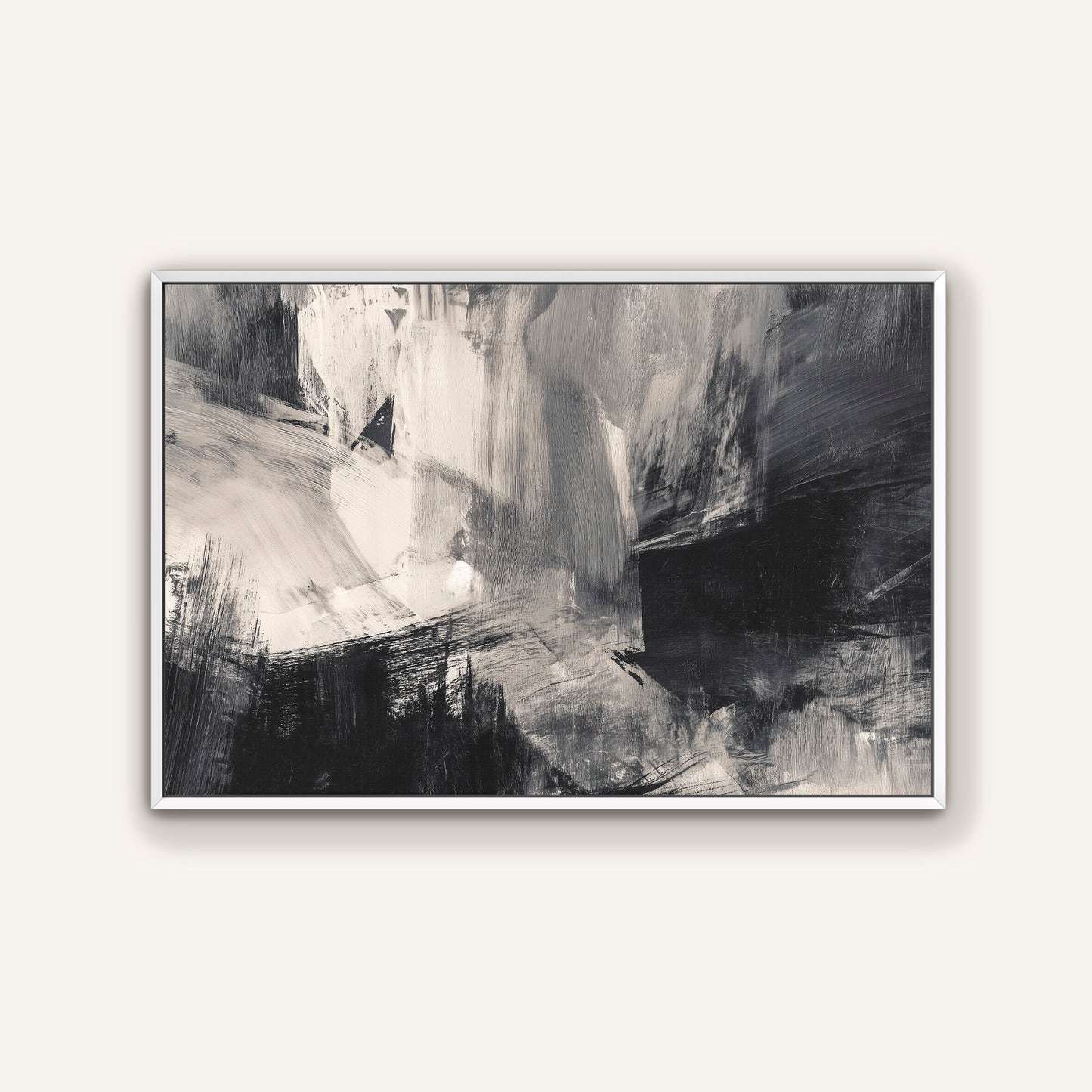 The image is a black and white abstract painting with a textured, brushstroke-like appearance.