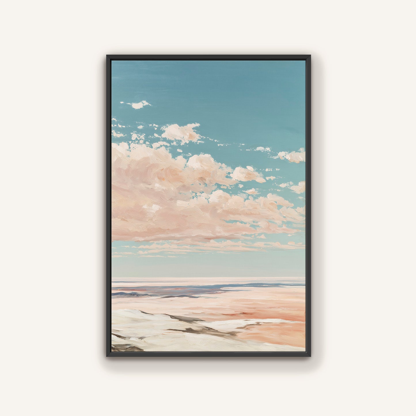 The image is a framed painting depicting a serene landscape with a blue sky, fluffy white clouds, and a sandy beach in the foreground.