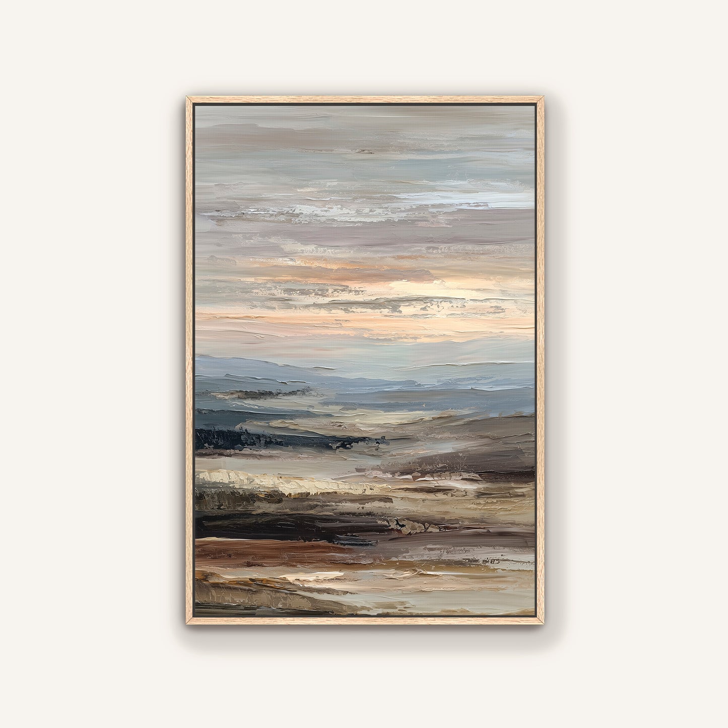 The image is a framed abstract landscape painting depicting a serene, hazy sky with a blend of earthy tones and soft, muted colors.