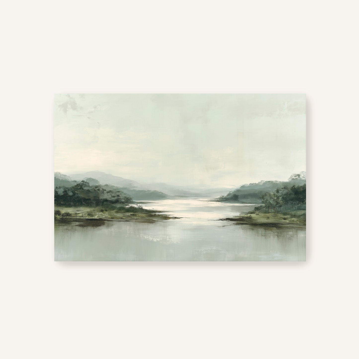 a serene landscape with a calm lake surrounded by lush greenery and mountains in the distance.