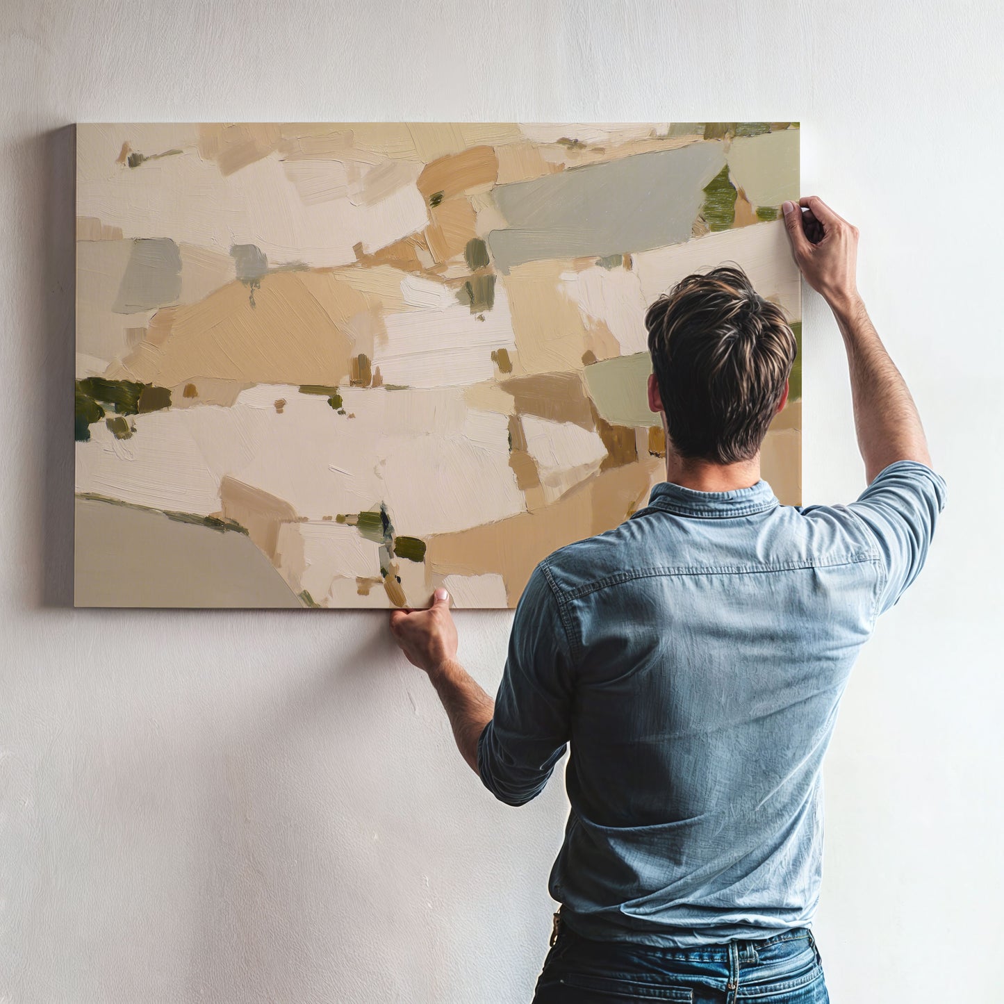 A man is hanging a large abstract painting on a wall.