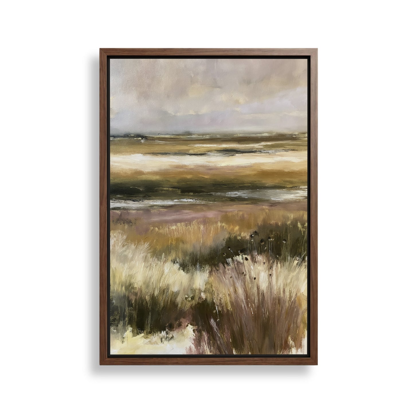 The image is a framed painting depicting a serene landscape with a field of tall grass and a body of water in the background.