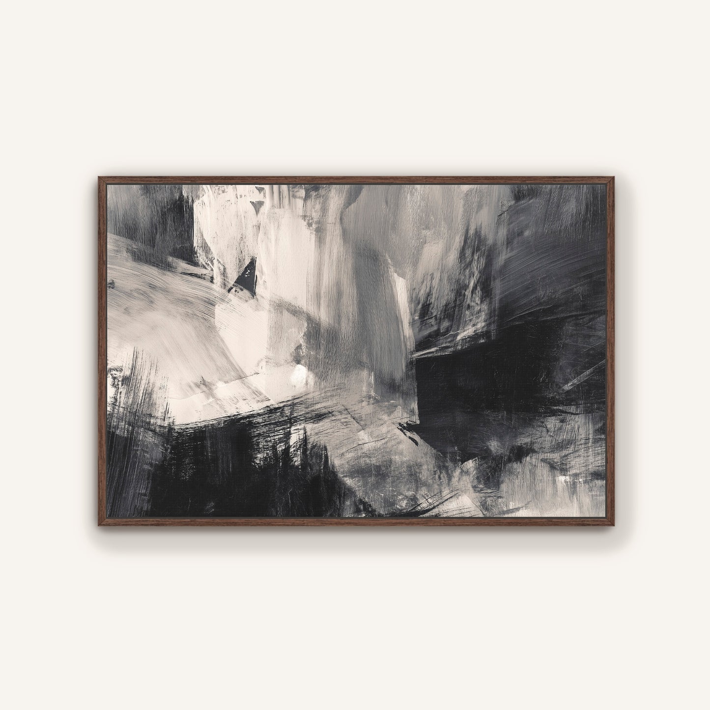 The image is a framed abstract painting with a predominantly black and white color scheme. The painting features various brushstrokes and textures, creating a dynamic and expressive visual composition.