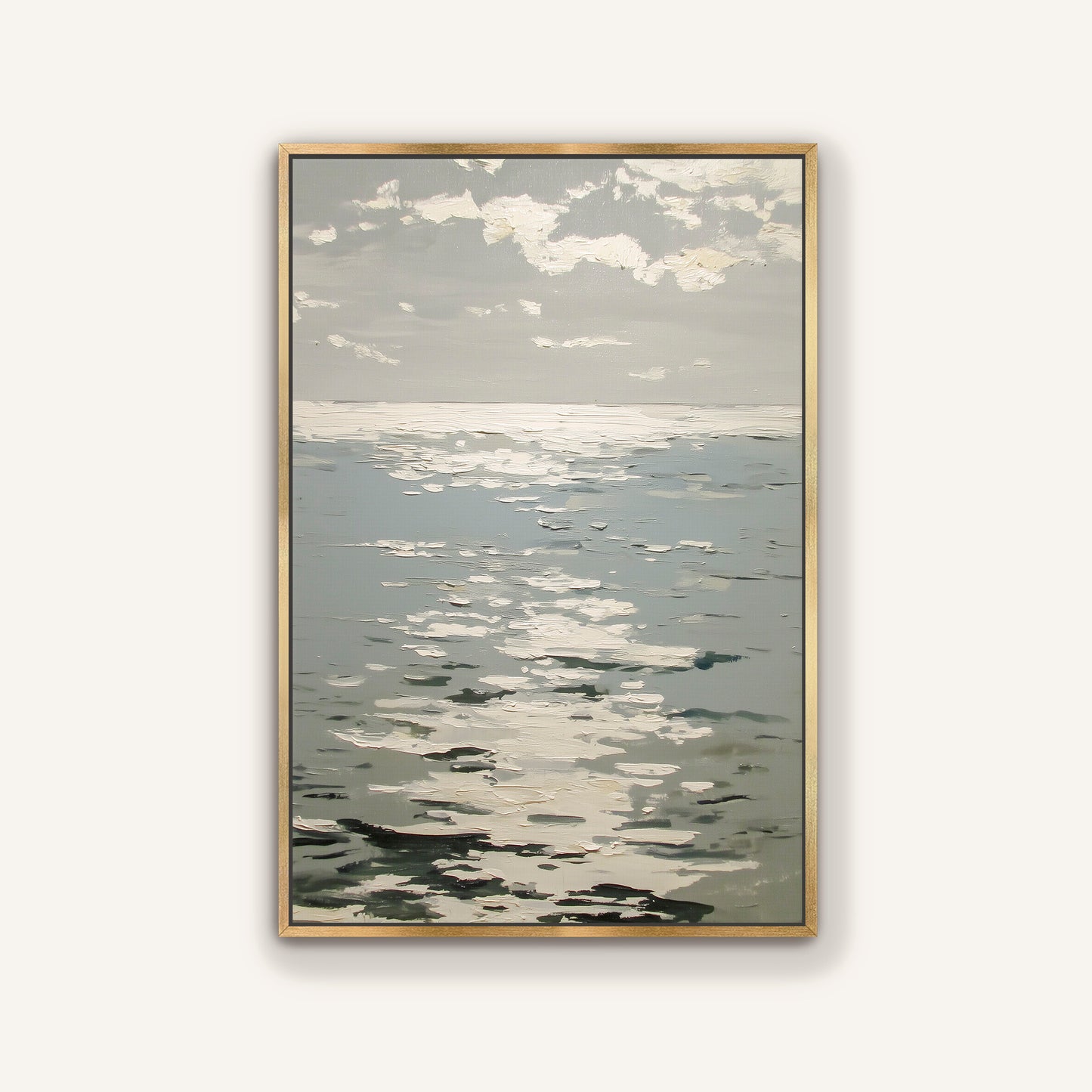 The image is a painting depicting a serene ocean scene with a cloudy sky above.