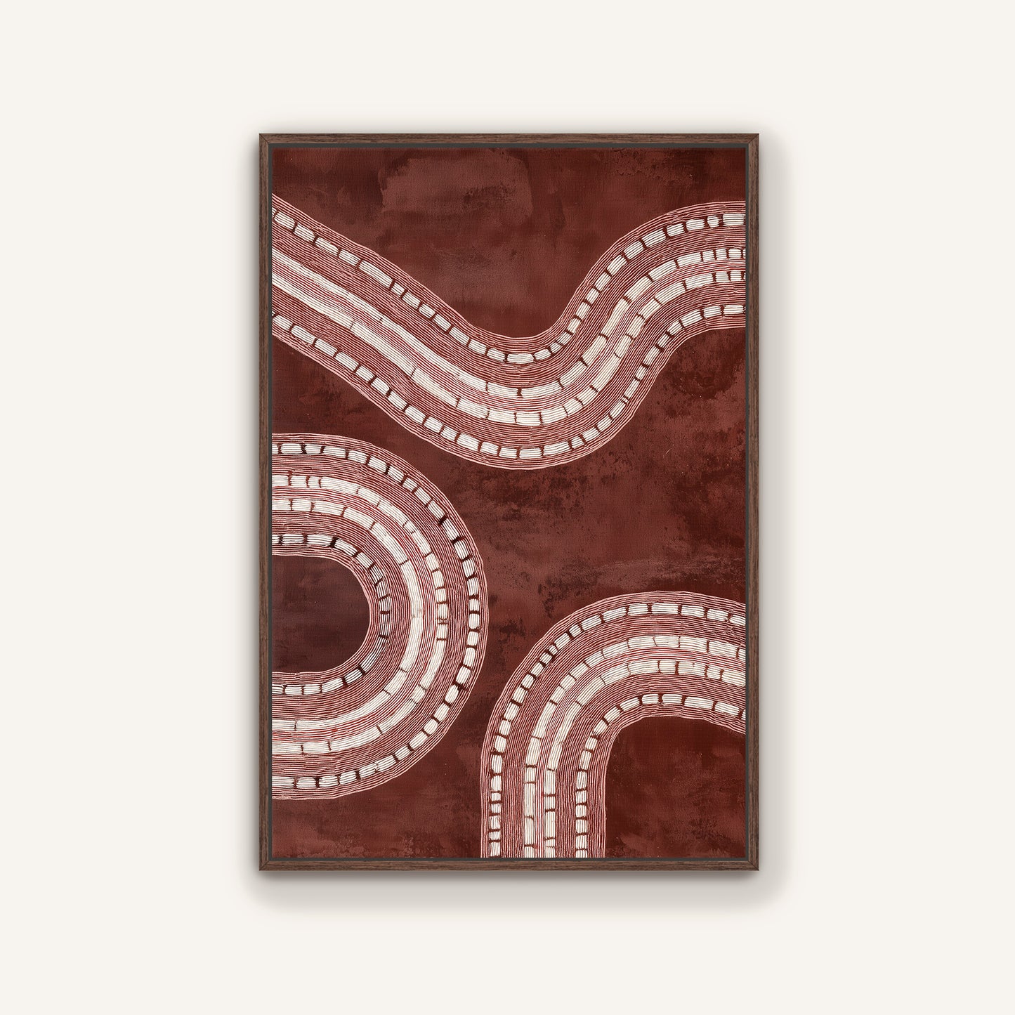 Abstract burgundy wall art with espresso color wooden frame.