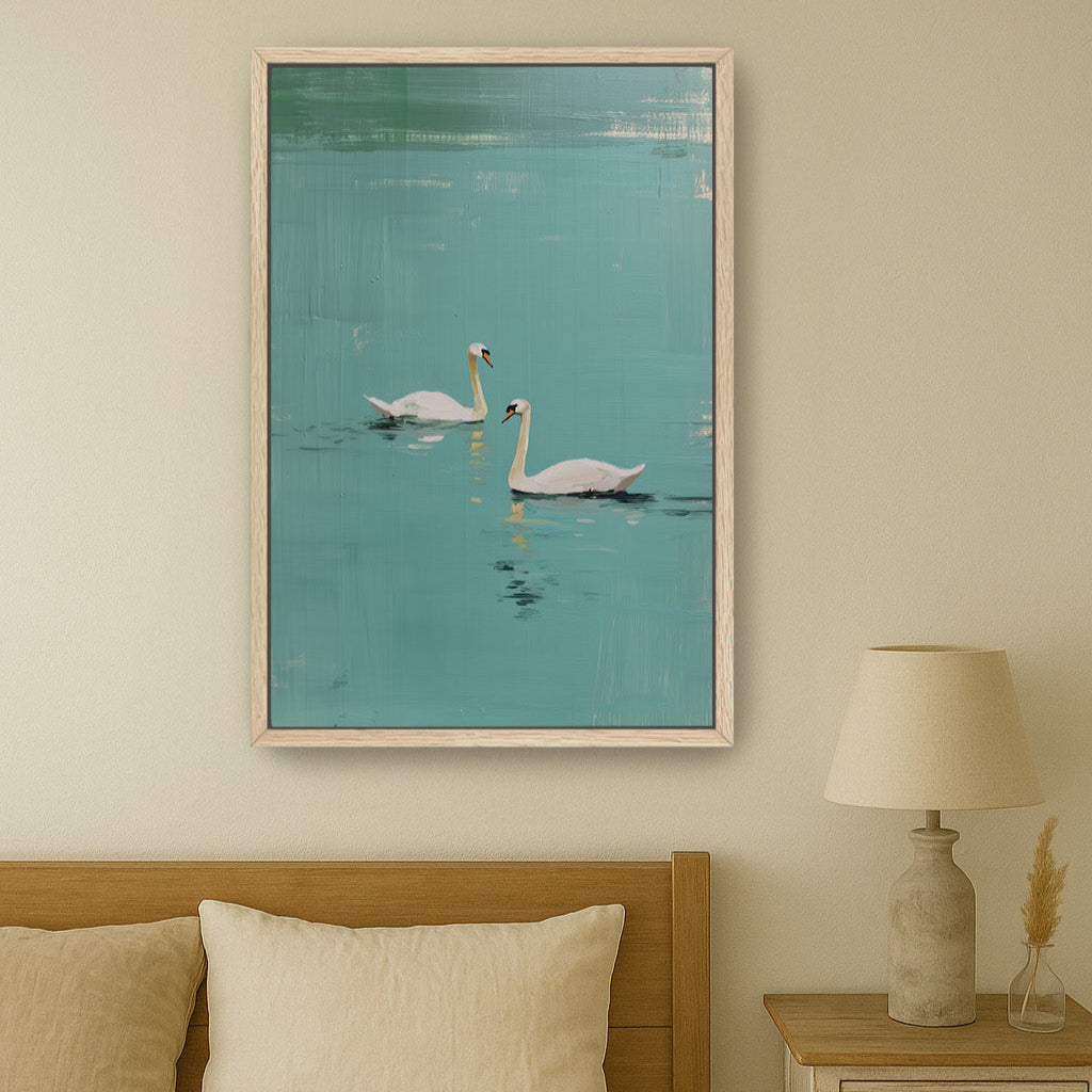 Oak framed Evara swan wall art above wooden bed, calming modern bedroom decor with turquoise tones.
