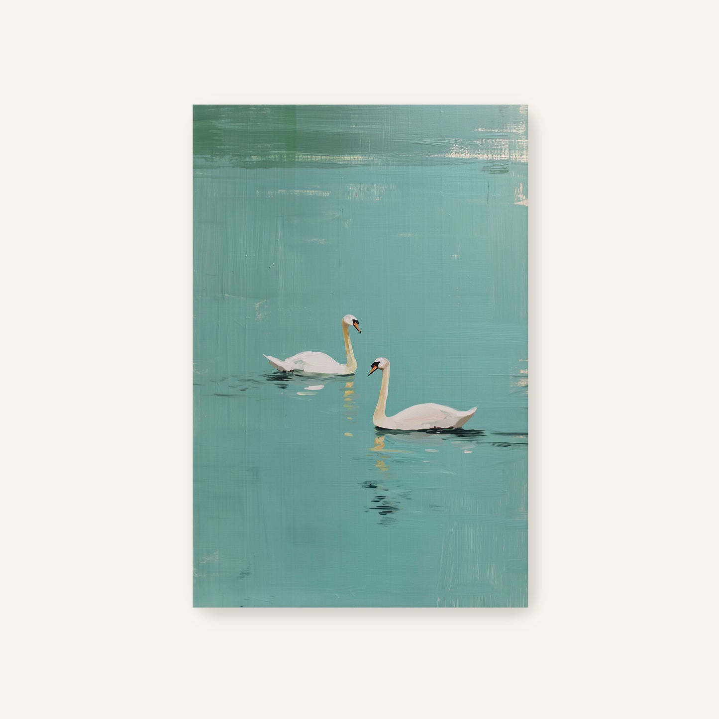 Unframed Evara canvas wall art featuring two swans floating peacefully on turquoise water, minimalist decor.