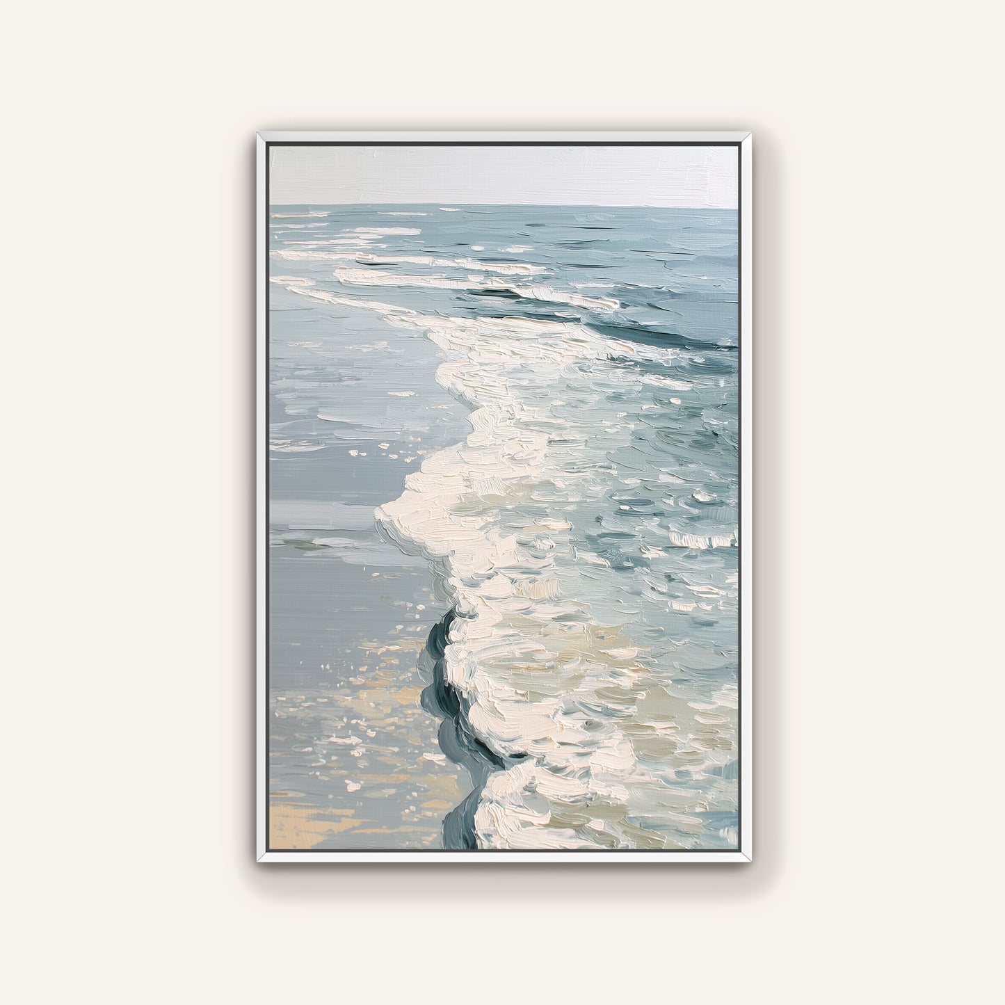 a serene ocean scene with waves gently lapping against the shore.