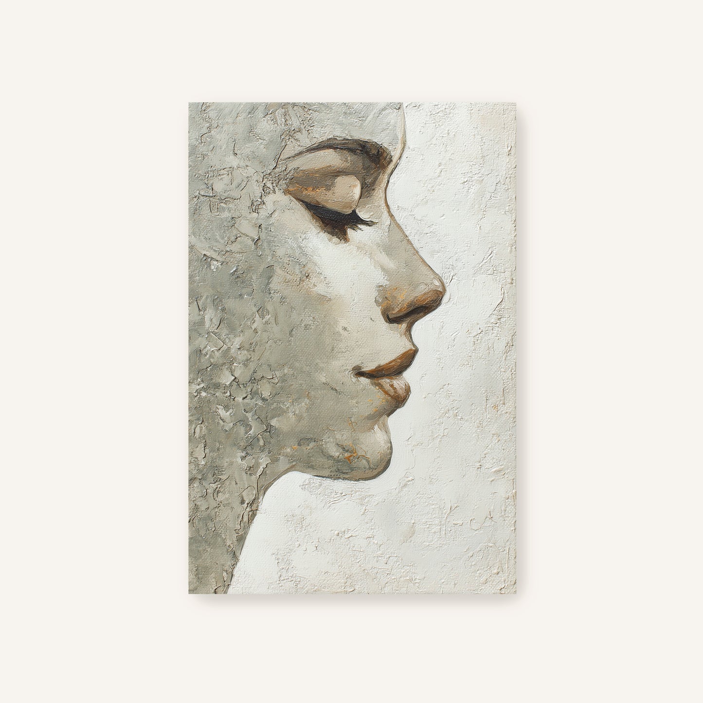 Neutral minimalist portrait of a woman’s side profile printed on gallery-wrapped canvas with textured surface.