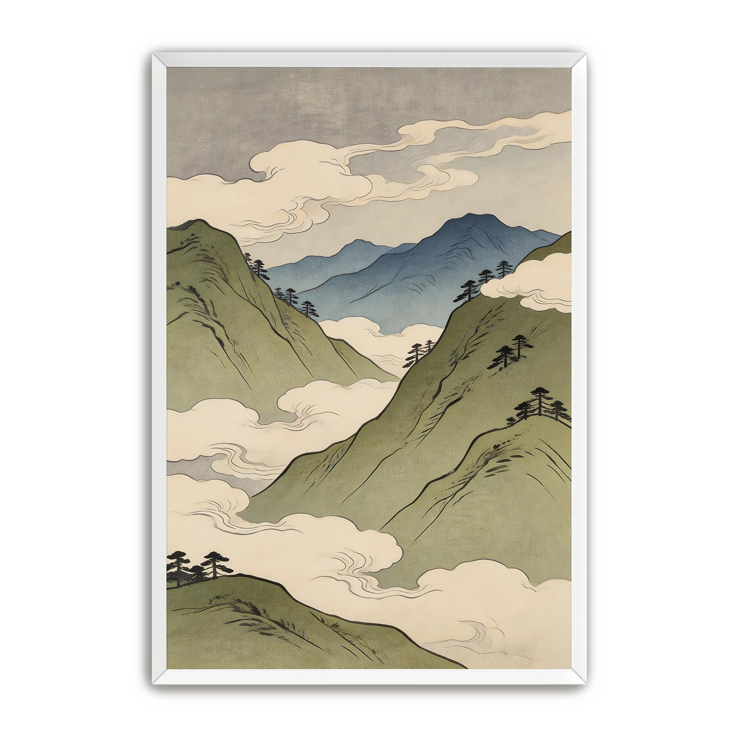 Japanese mountain landscape art print with green hills, blue peaks, and cream clouds in traditional woodblock style