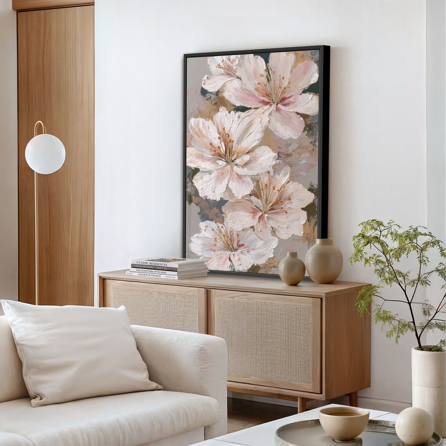 Abstract lily blossom artwork in a black frame displayed above a wooden console in a minimalist living room.