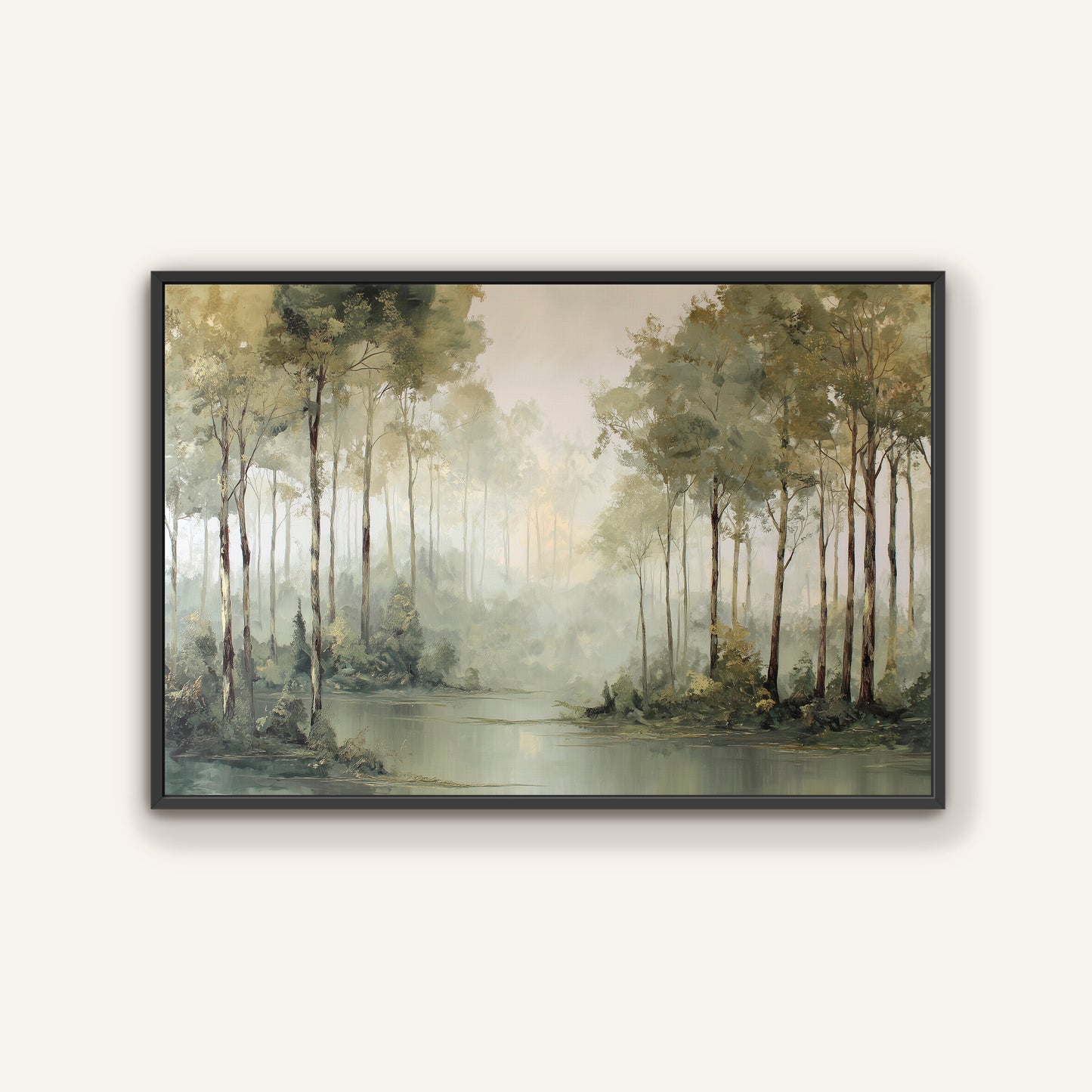 Misty forest edge wall art in a modern black floating frame.