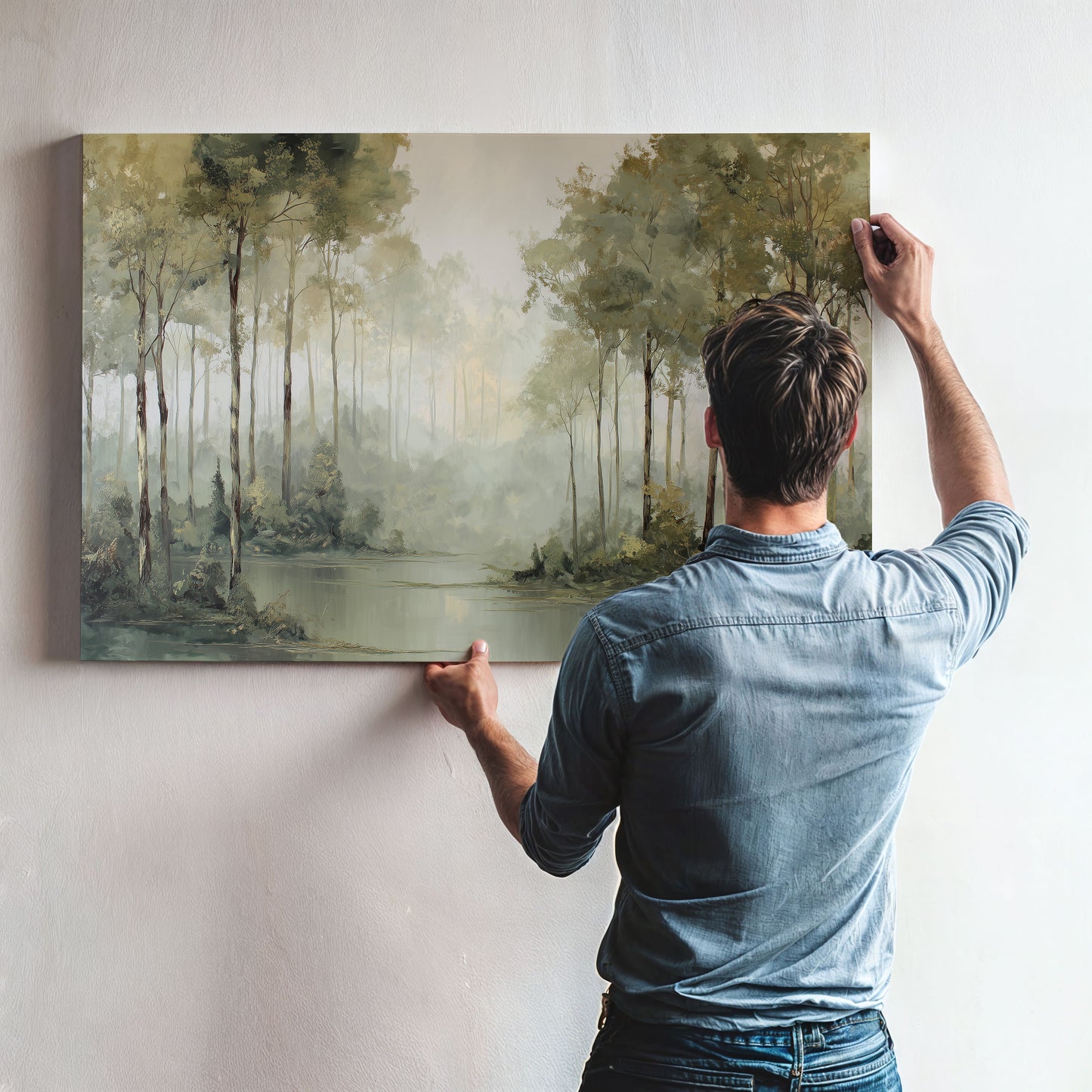 Man hanging a misty forest edge landscape canvas print in sage and taupe hues.