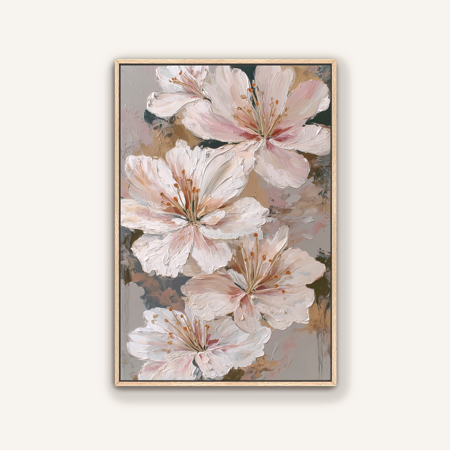 Abstract floral wall art featuring soft ivory and blush lilies framed in natural oak wood, ideal for neutral interiors.