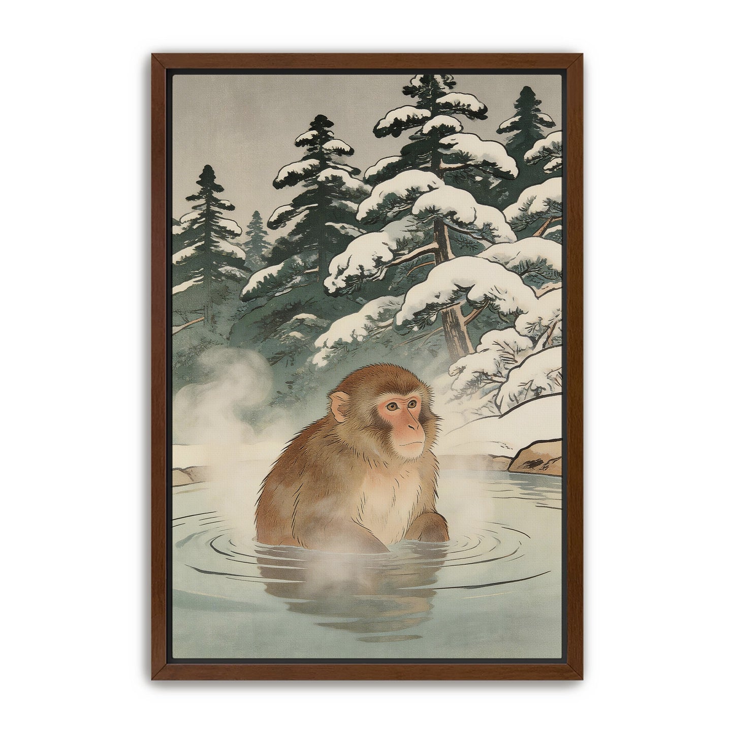 Snow monkey print in dark walnut frame on clean background.