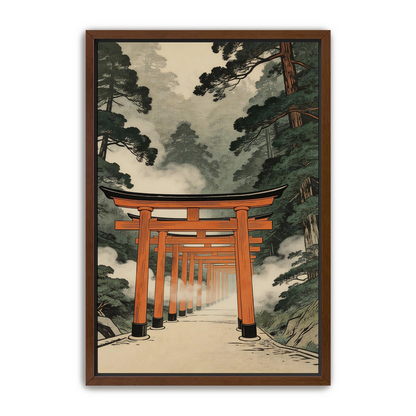 Torii gate wall art in dark walnut frame on white background