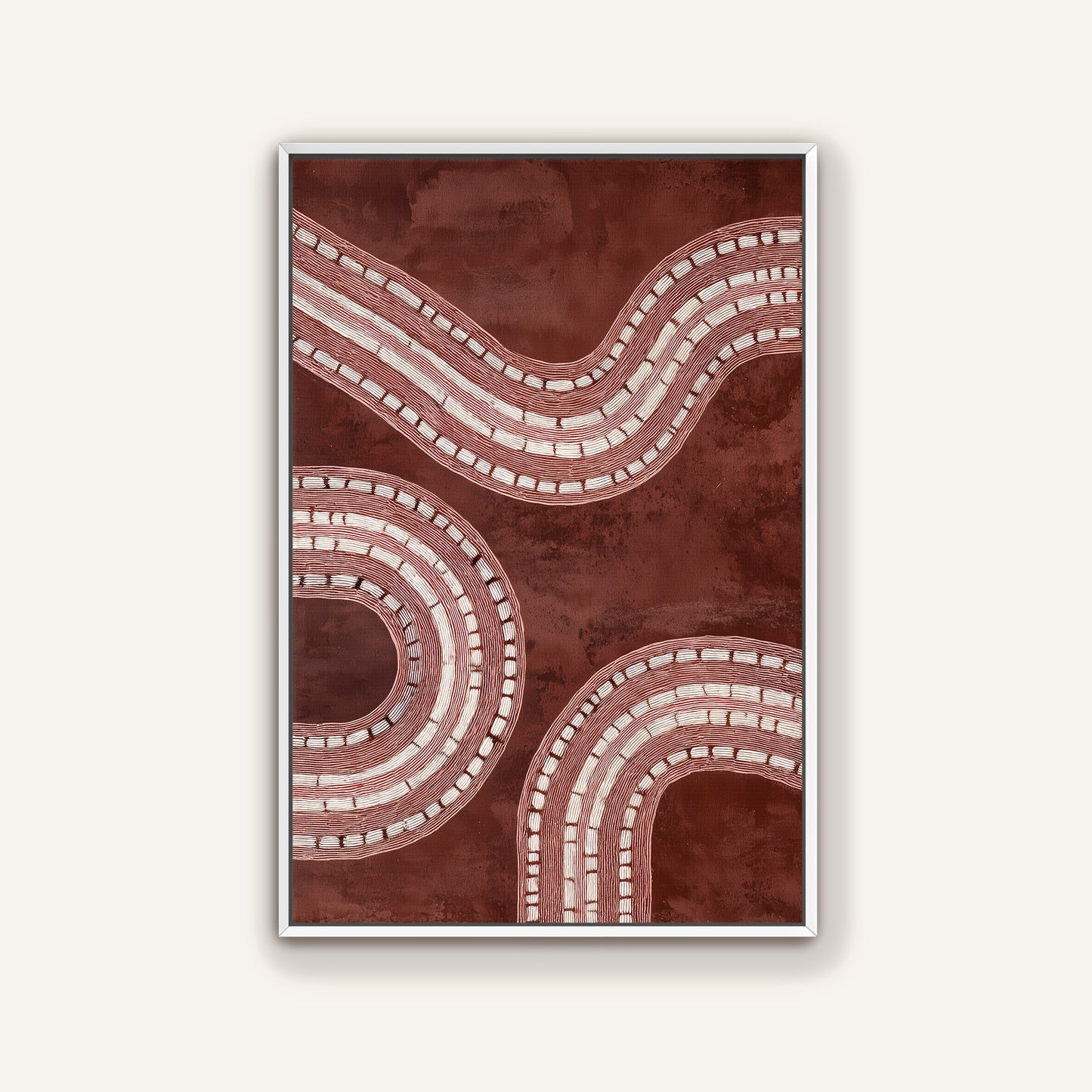 White wooden framed artwork with wavy line pattern on a brown background.