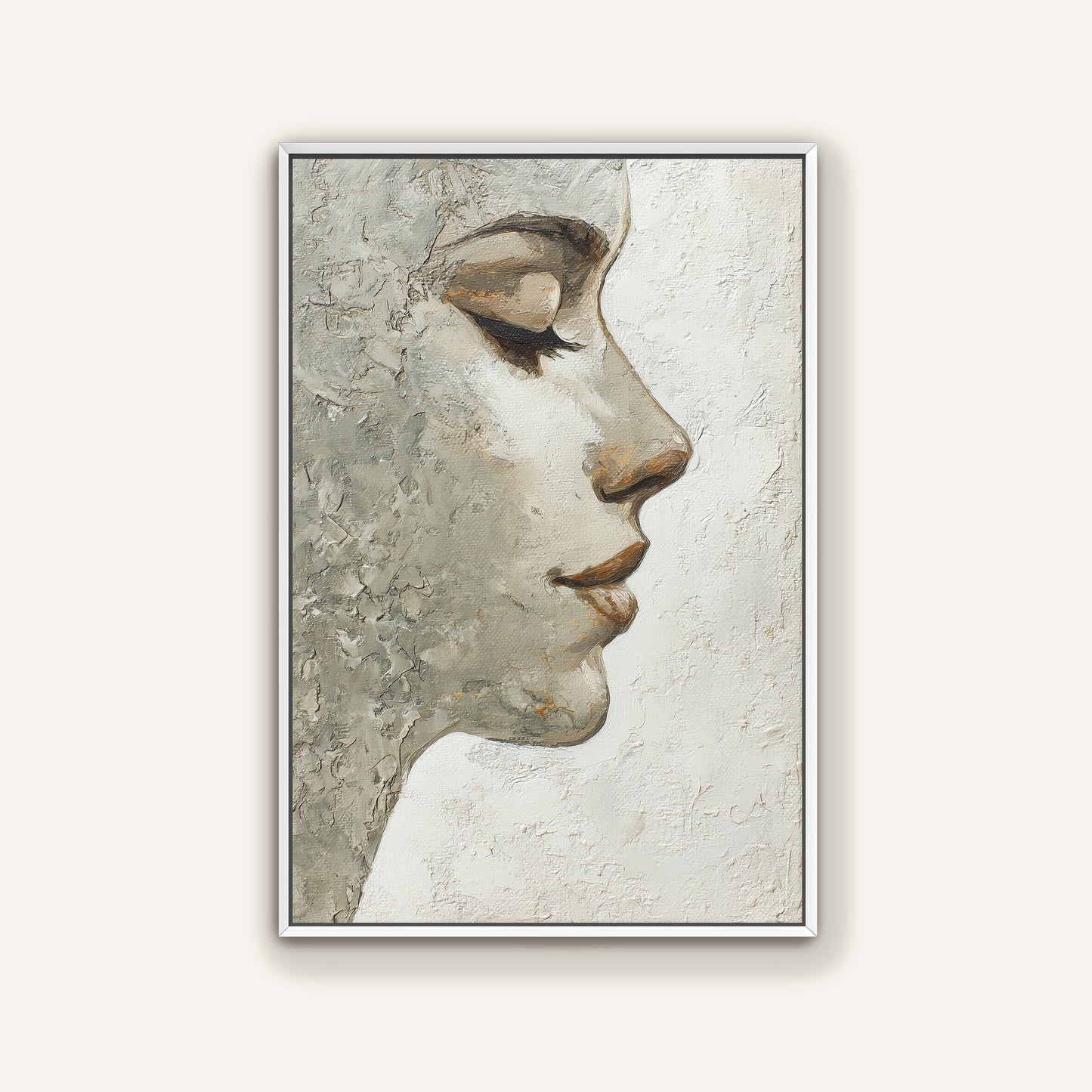 Contemporary portrait wall art of a woman’s profile in soft beige and grey texture with a white frame.
