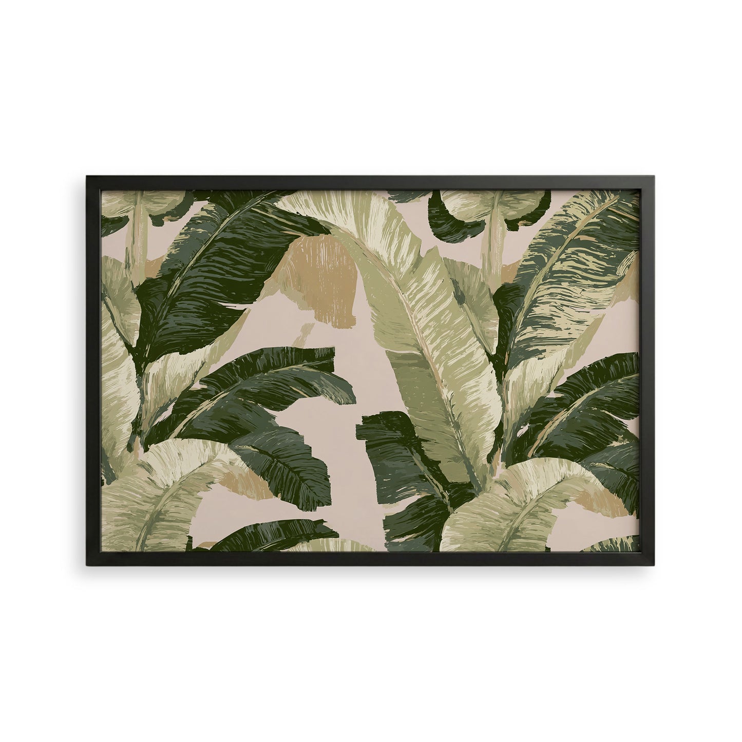 a large, framed print with a repeating pattern of green and white tropical leaves, resembling the appearance of banana leaves.