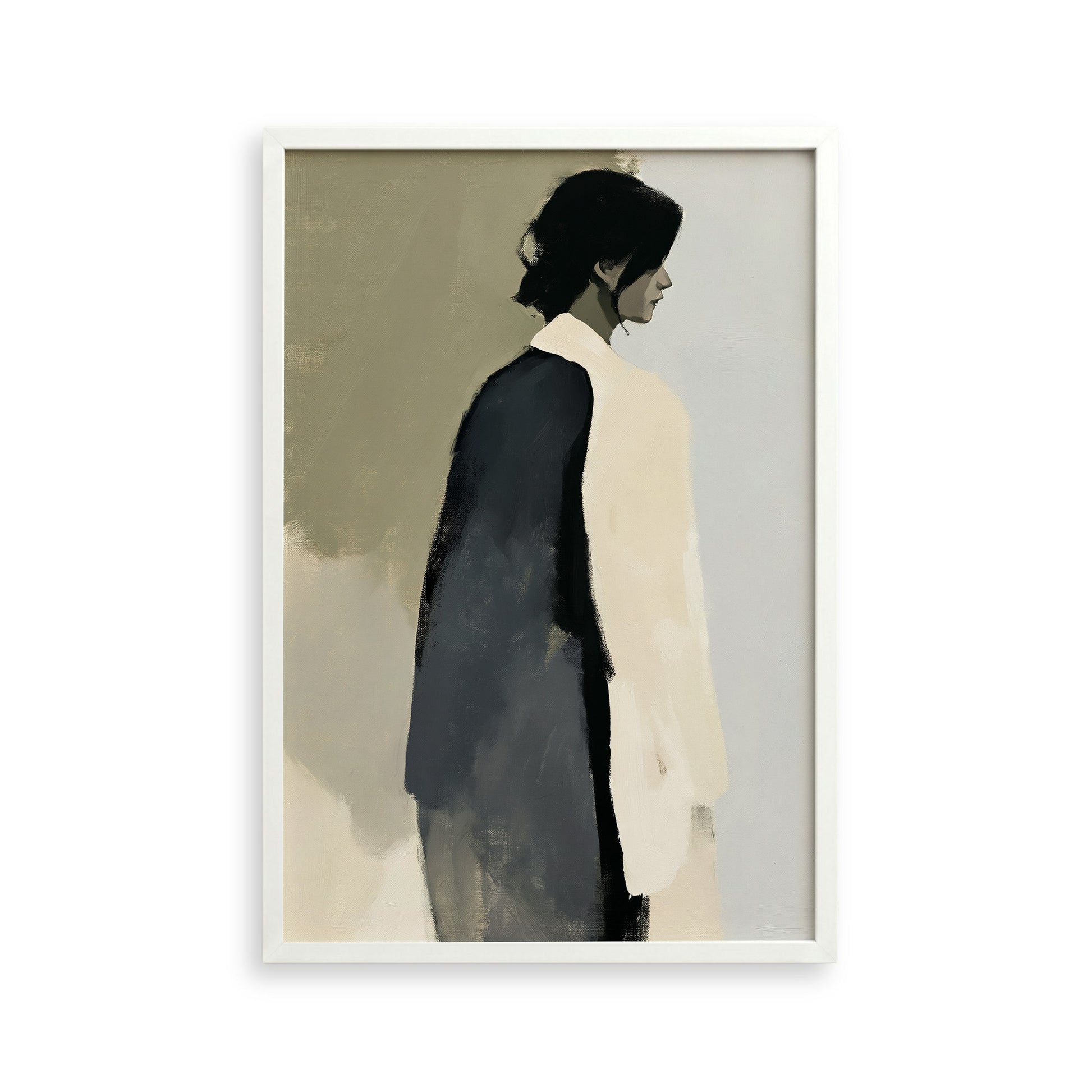 The image is a framed artwork depicting a woman in a black and white color scheme.