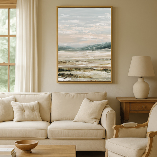 a cozy living room with a large window, a beige sofa, a wooden coffee table, and a framed landscape painting on the wall.