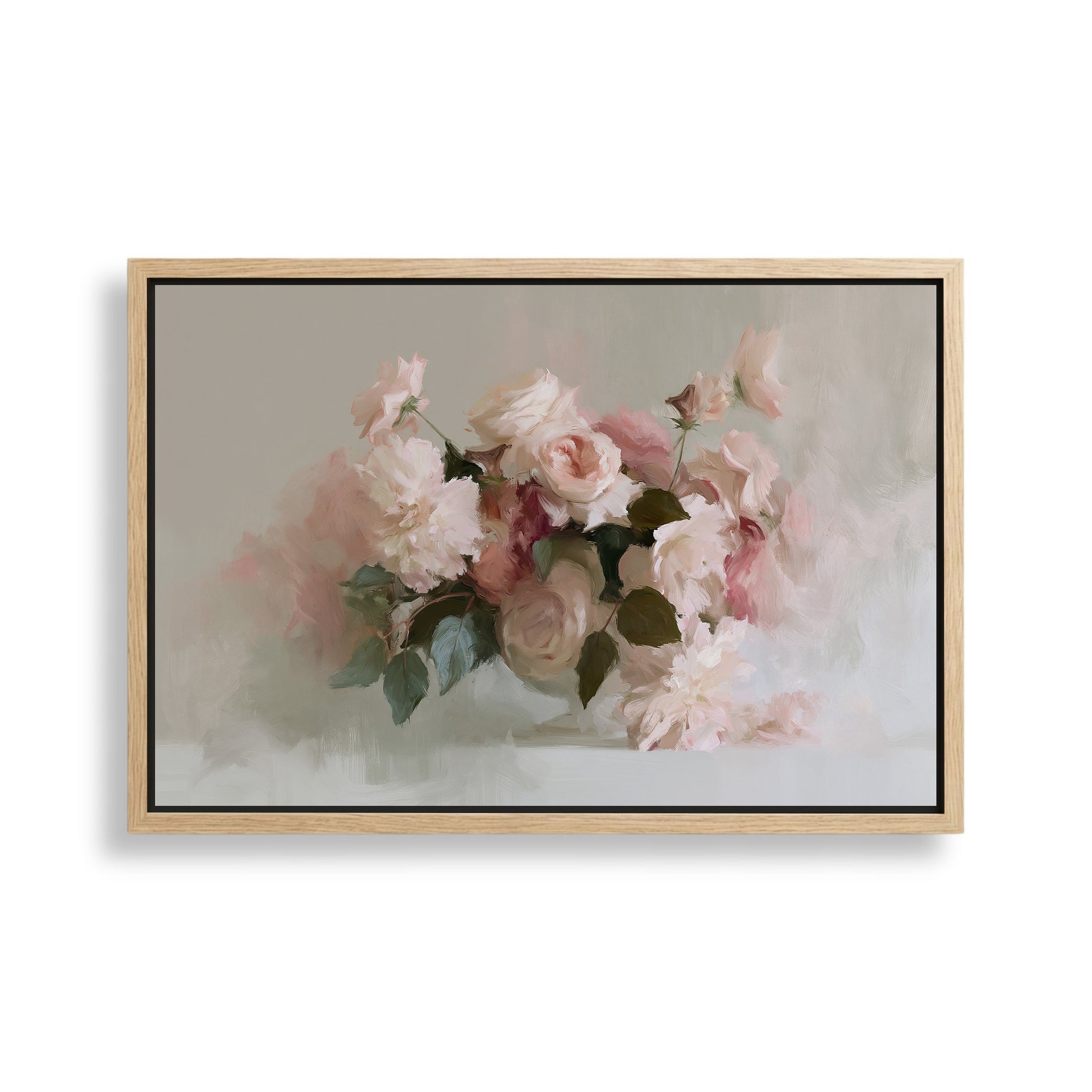 A framed painting depicting a bouquet of pink and white flowers, including roses and peonies, against a light background.