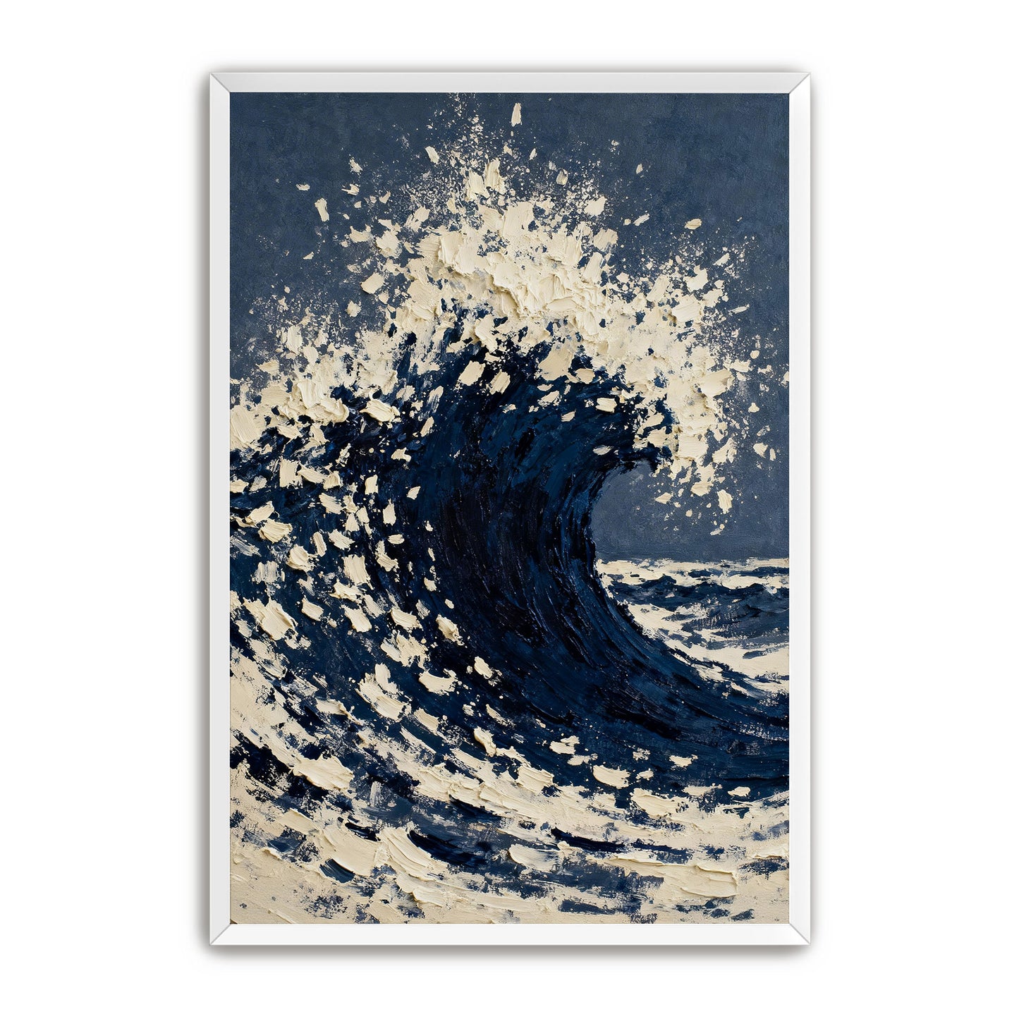 a large, powerful wave crashing against the shore, with the water appearing dark blue and the sky above a lighter shade of blue.