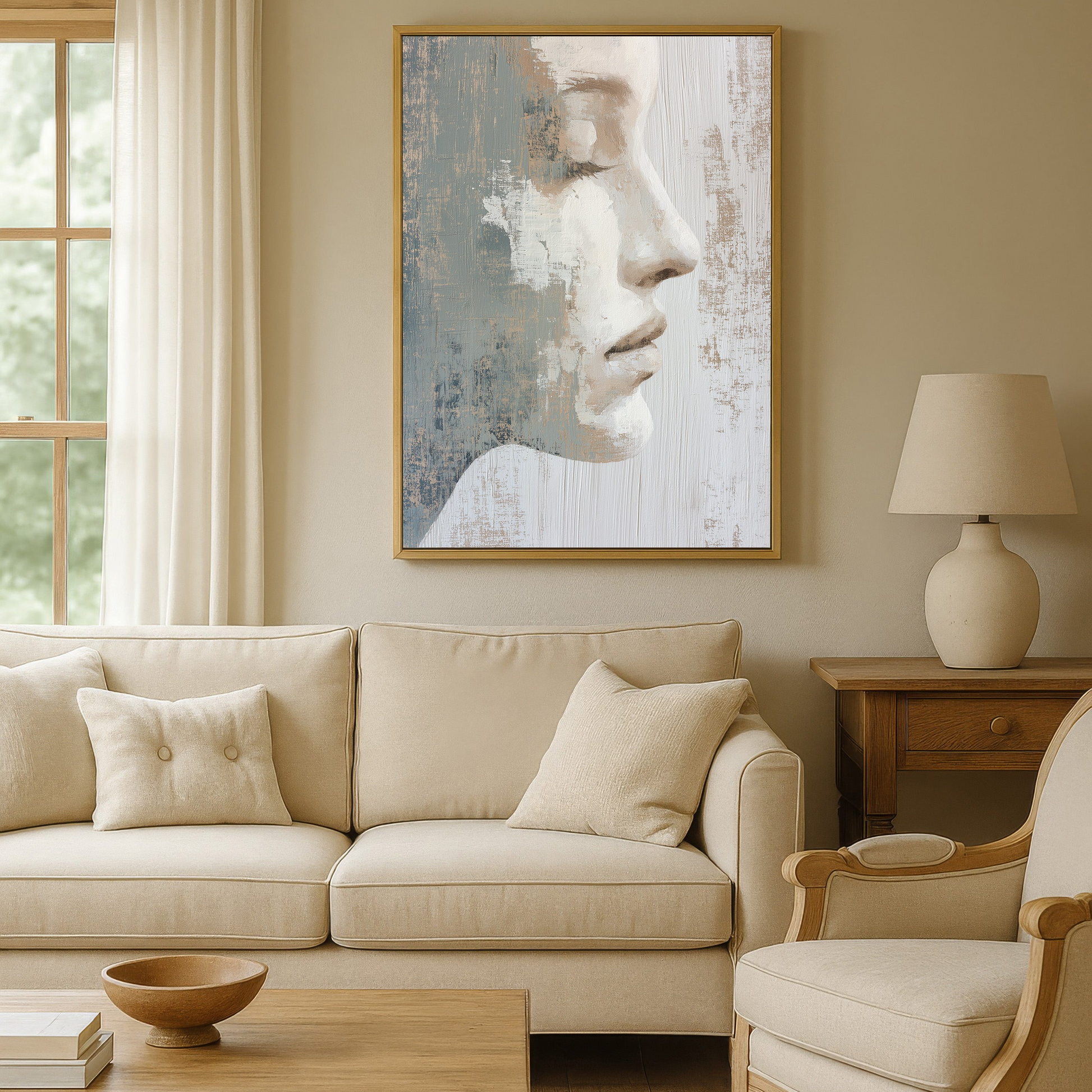 a cozy living room with a large portrait of a woman's face hanging on the wall above a beige sofa and armchair. The room has a warm, neutral color scheme with a wooden coffee table and a lamp providing soft lighting.