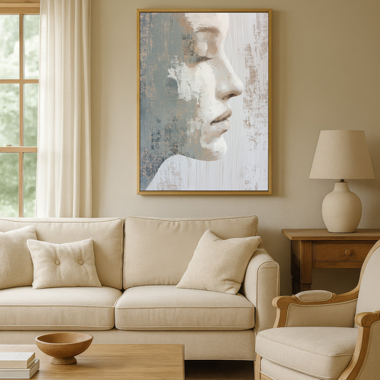 a cozy living room with a large portrait of a woman's face hanging on the wall above a beige sofa and armchair. The room has a warm, neutral color scheme with a wooden coffee table and a lamp providing soft lighting.