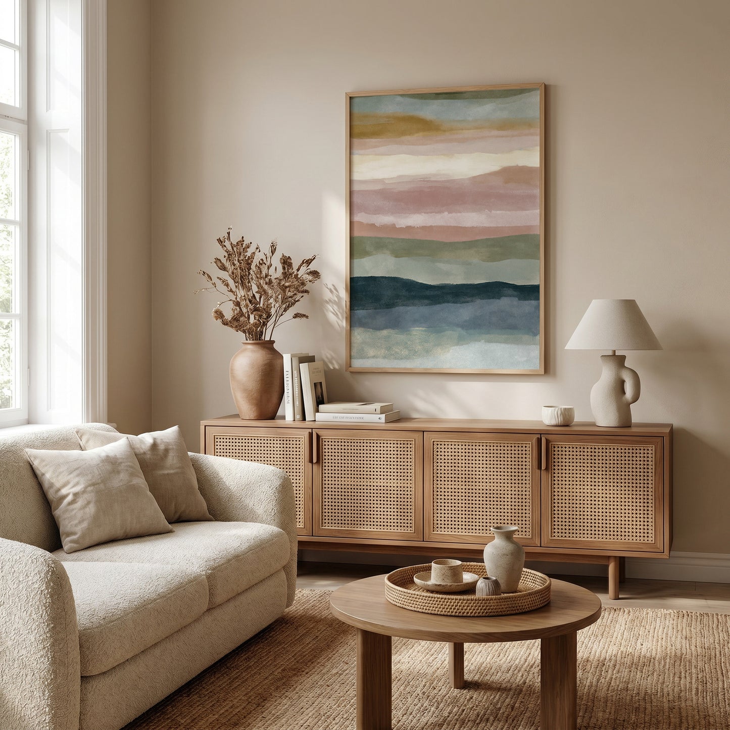 a cozy living room with a beige sofa, a wooden sideboard, and a large abstract painting on the wall. The room has a warm and inviting atmosphere, with natural light coming in from a window and a vase of dried flowers on the sideboard.