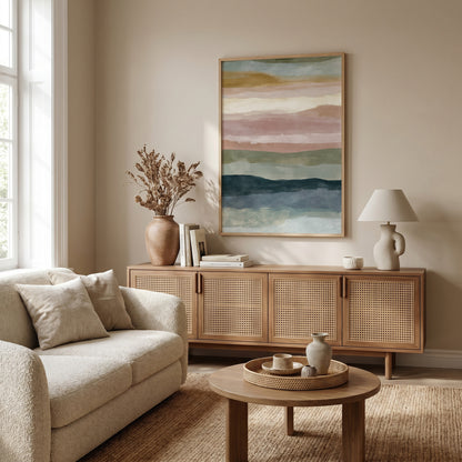 a cozy living room with a beige sofa, a wooden sideboard, and a large abstract painting on the wall. The room has a warm and inviting atmosphere, with natural light coming in from a window and a vase of dried flowers on the sideboard.