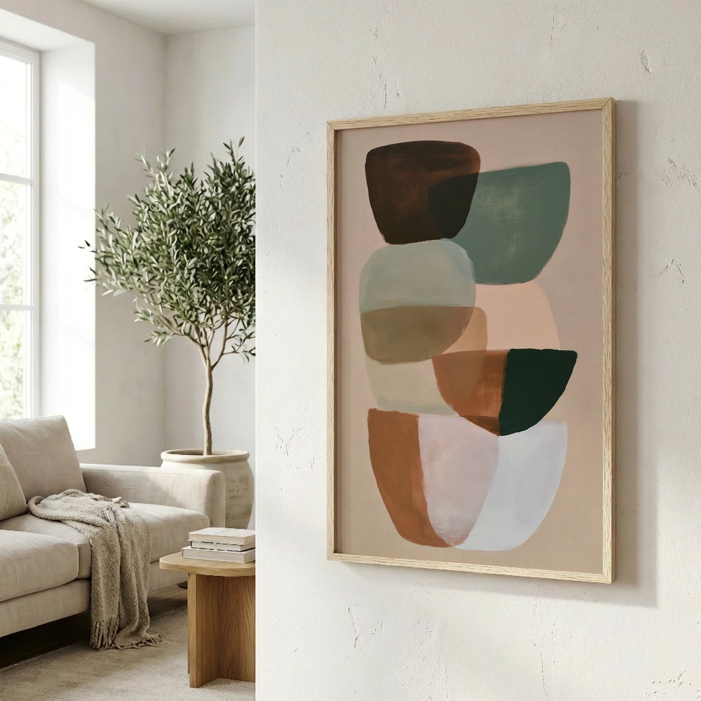 a living room with a large abstract painting hanging on the wall, a sofa, a potted plant, and a wooden side table.