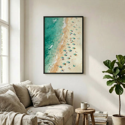 a serene beach scene with a large framed painting hanging on the wall above a beige sofa.