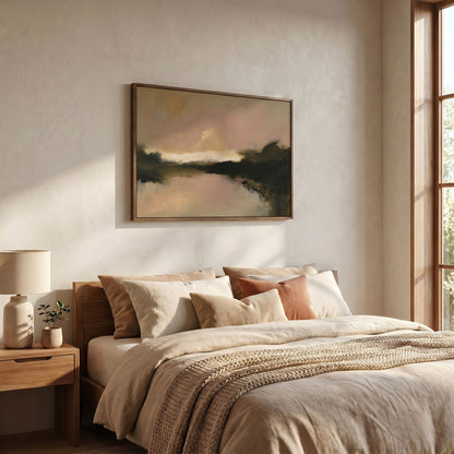 a serene bedroom scene with a large bed adorned with beige bedding and a wooden headboard. Above the bed, a framed landscape painting hangs on the wall, adding an artistic touch to the room. The room is well-lit, with natural light streaming in from a window on the right side, creating a warm and inviting atmosphere.