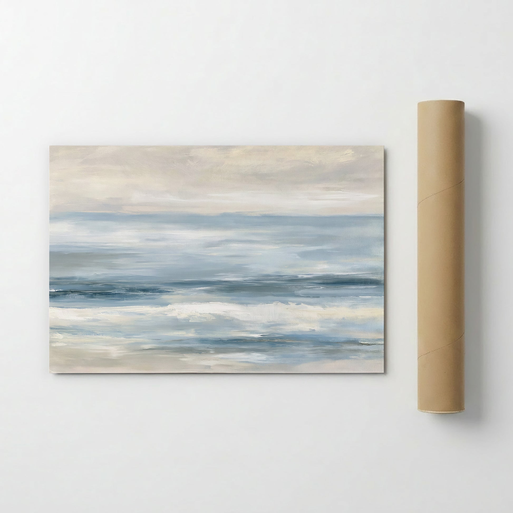 The image is a painting of a serene ocean scene, featuring a calm and peaceful atmosphere with light blue water and a cloudy sky.