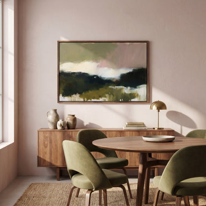a modern dining room with a large abstract painting hanging on the wall above a wooden table surrounded by green chairs.