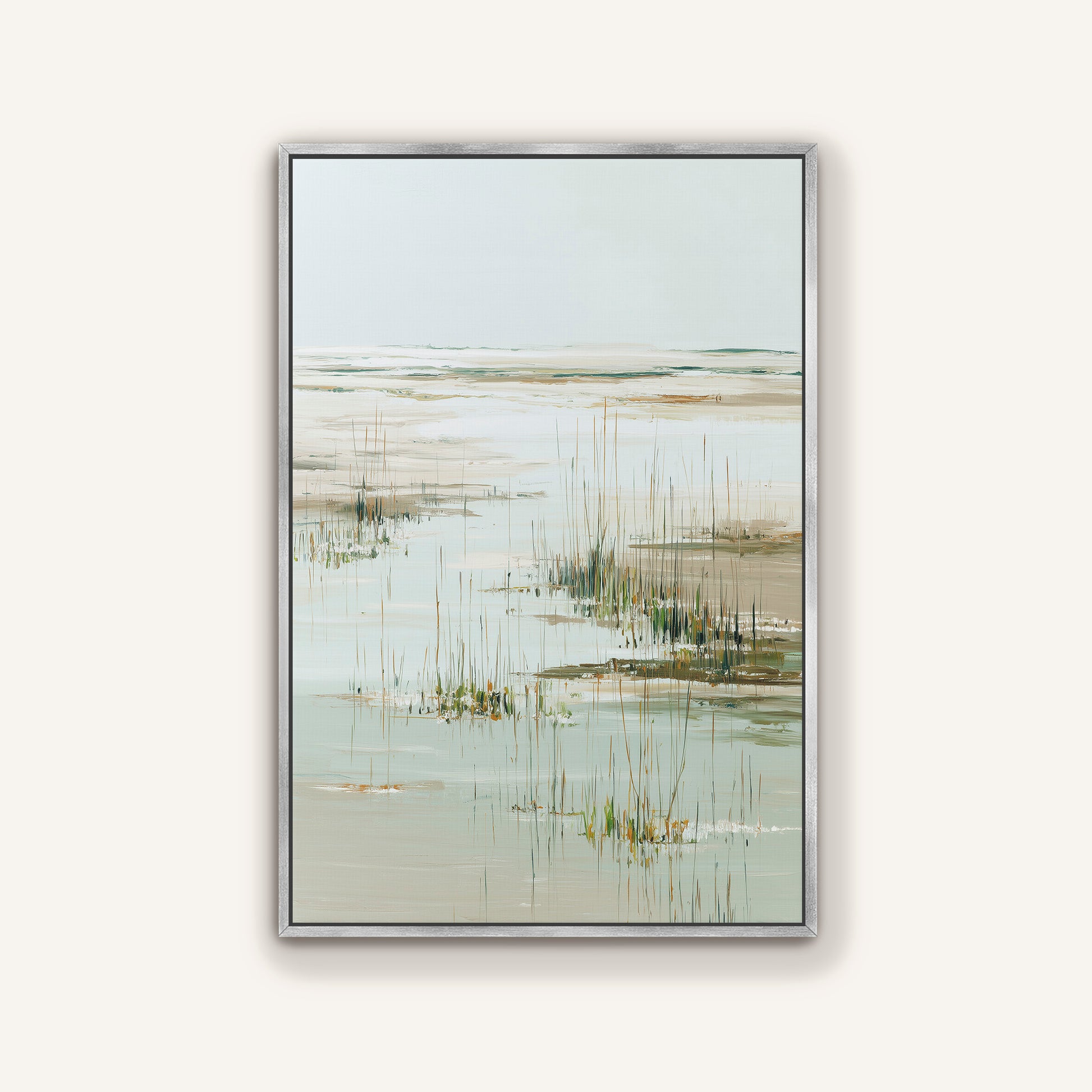 The image is a painting depicting a serene landscape with a body of water, possibly a lake or a pond, surrounded by tall grasses or reeds. The painting has a calming and peaceful atmosphere, with the colors predominantly being shades of green and beige.