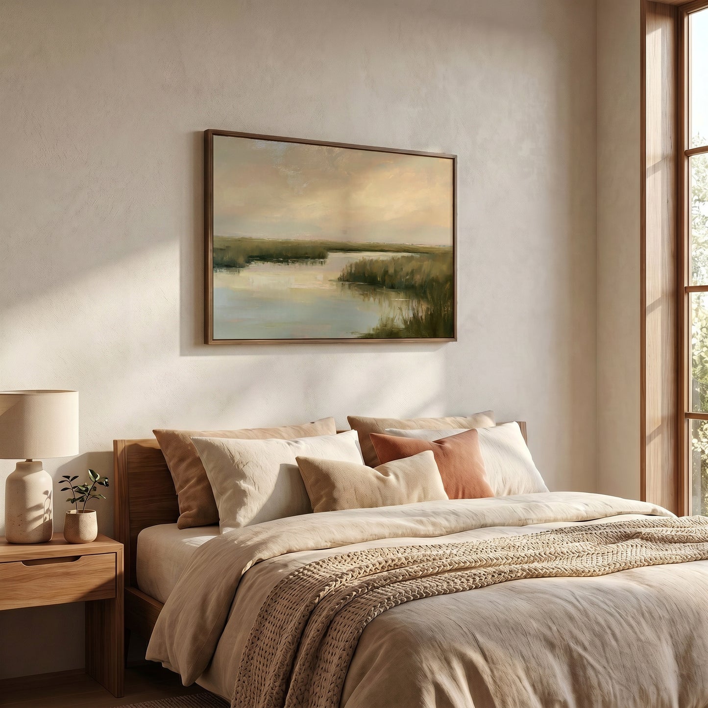 a serene bedroom scene with a large bed adorned with beige bedding and a framed landscape painting hanging above it. The painting features a tranquil body of water and lush greenery, creating a peaceful and inviting atmosphere.