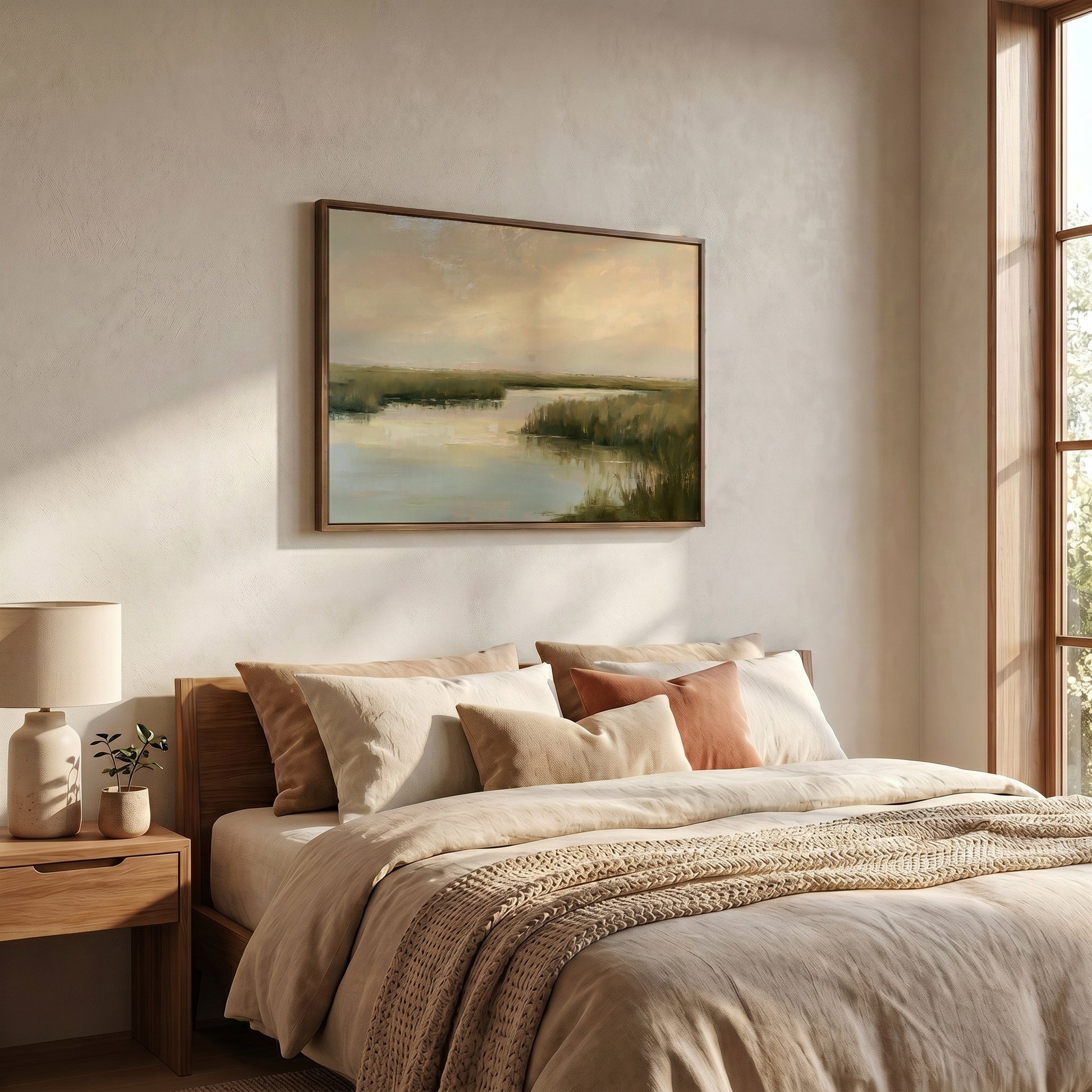 a serene bedroom scene with a large bed adorned with beige bedding and a framed landscape painting hanging above it. The painting features a tranquil body of water and lush greenery, creating a peaceful and inviting atmosphere.