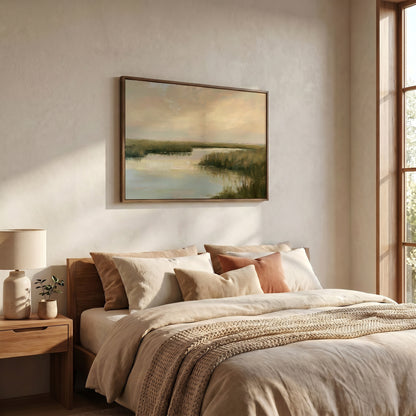 a serene bedroom scene with a large bed adorned with beige bedding and a framed landscape painting hanging above it. The painting features a tranquil body of water and lush greenery, creating a peaceful and inviting atmosphere.