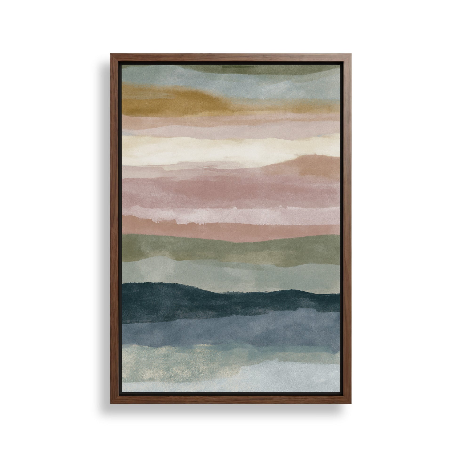 The image is a framed abstract painting with a gradient of colors, including shades of green, blue, and pink. The painting is displayed on a white wall.