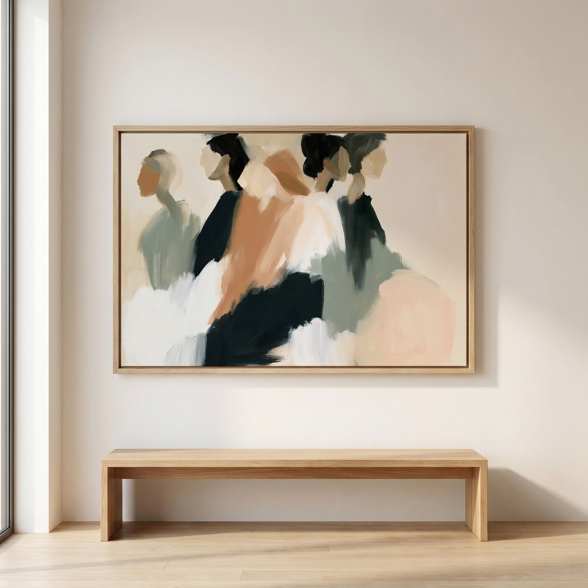 a large abstract painting hanging on a white wall above a wooden bench.