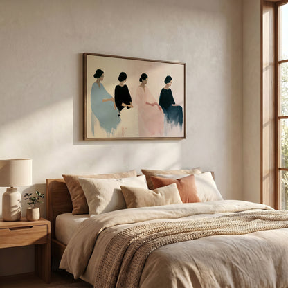 a serene bedroom scene with a large bed, a wooden nightstand, and a framed artwork of three women on the wall.