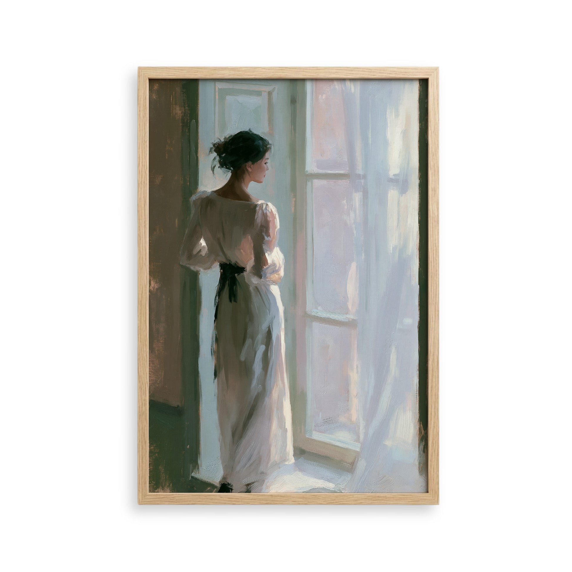 A woman in a long white dress stands in front of a window, gazing out at the world outside.