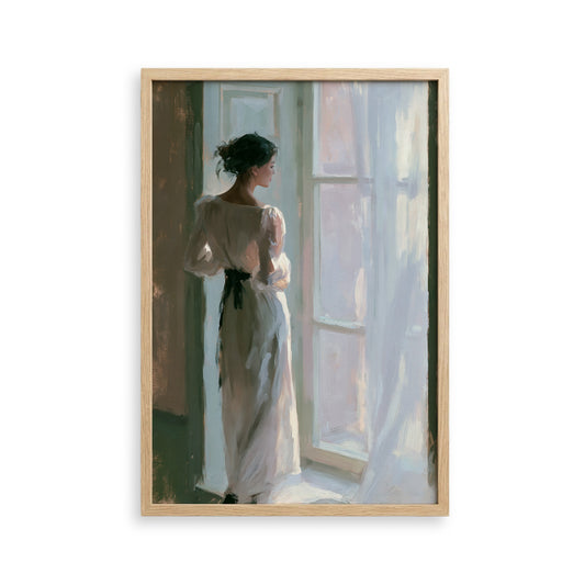 A woman in a long white dress stands in front of a window, gazing out at the world outside.
