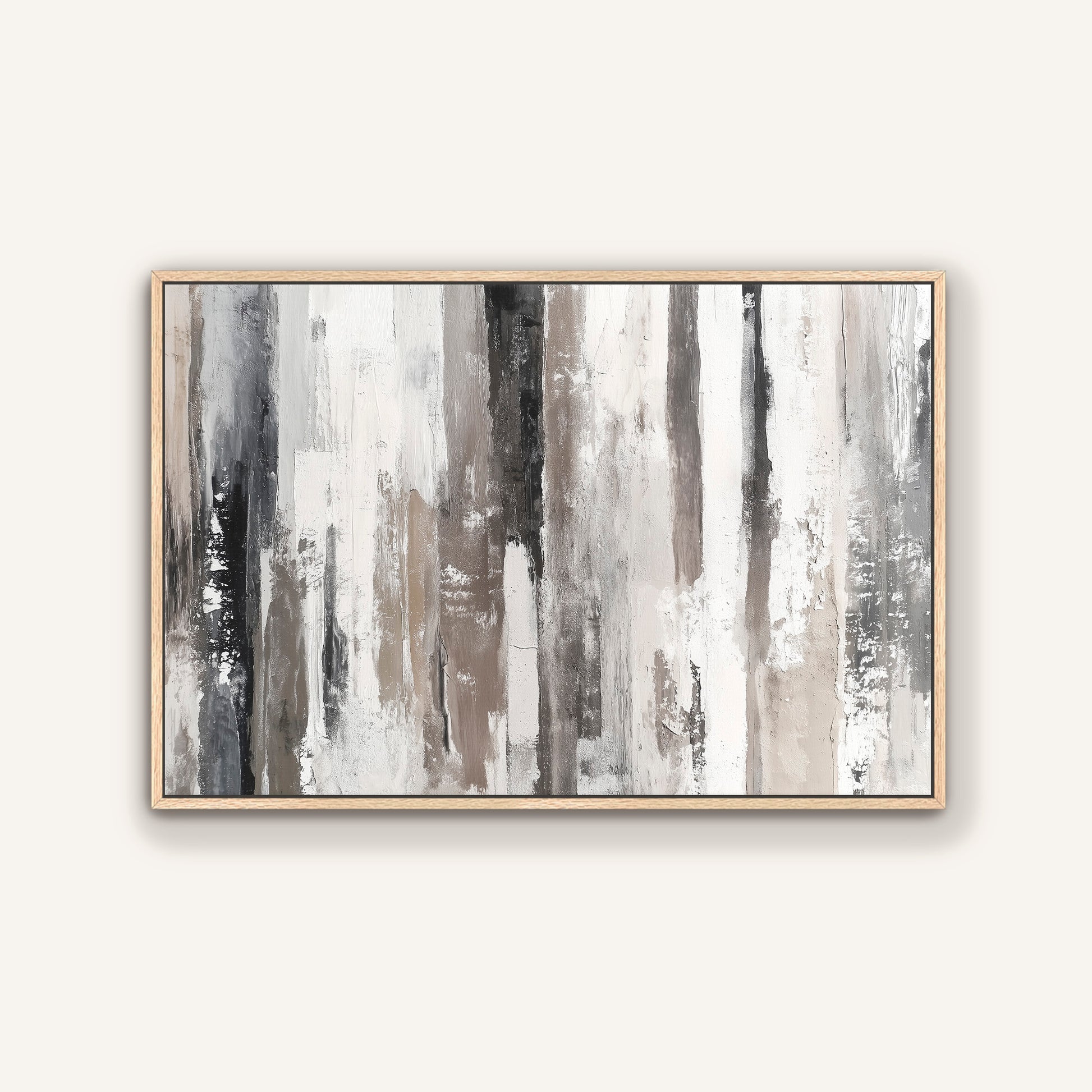 The image is a framed abstract painting with vertical lines in various shades of gray and white, creating a sense of depth and dimension.